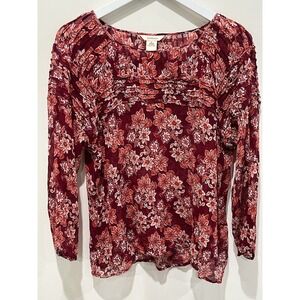 Sundance Top Womens Sz XL Red Orange Silk Blouse Boho Peasant Artsy Sheer Floral
